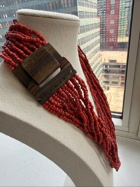 Indonesian Modernist Multi Strand Glass Seed Bead Necklace W/Wooden Buckle Clasp